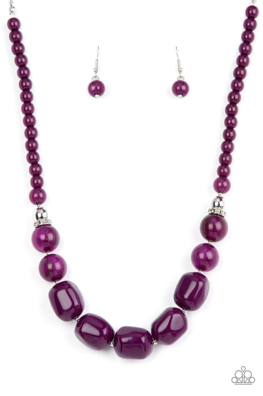 Paparazzi Accessories Ten Out of TENACIOUS - Purple Accented with bright silver beads and glittery rhinestone accents, a row of oversized subtly faceted plum beads gives way to marbled plum beads that transition to smaller opaque plum beads as they make t