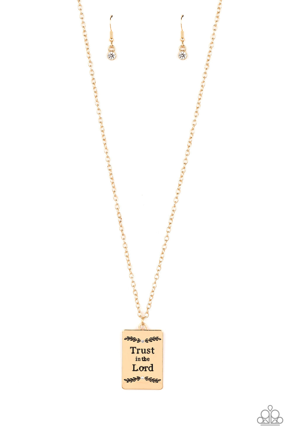 Paparazzi Accessories All About Trust - Gold Bordered in leafy patterns and dainty white rhinestones, the center of a gold rectangular frame is stamped in the phrase, "Trust in the Lord," for an inspiring finish. Features an adjustable clasp closure. Sold