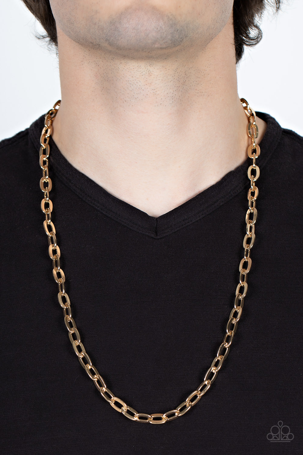 Paparazzi Accessories Interference - Gold A golden collection of flat oval links boldly interlocks across the chest for a classic urban look. Features an adjustable clasp closure. Sold as one individual necklace. Jewelry
