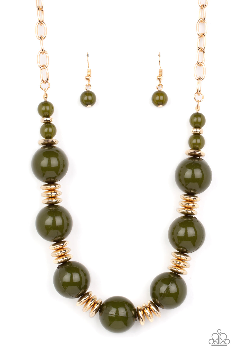 Paparazzi Accessories Race to the POP - Green An oversized collection of glassy Olive Branch beads and shiny gold discs are threaded along an invisible wire, creating a dramatic pop of color below the collar. Features an adjustable clasp closure. Sold as
