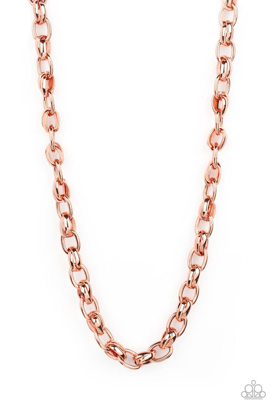 Paparazzi Accessories Rookie of the Year - Copper A chunky collection of bold shiny copper links interlock across the chest, creating an intense industrial centerpiece. Features an adjustable clasp closure. Sold as one individual necklace. Necklaces
