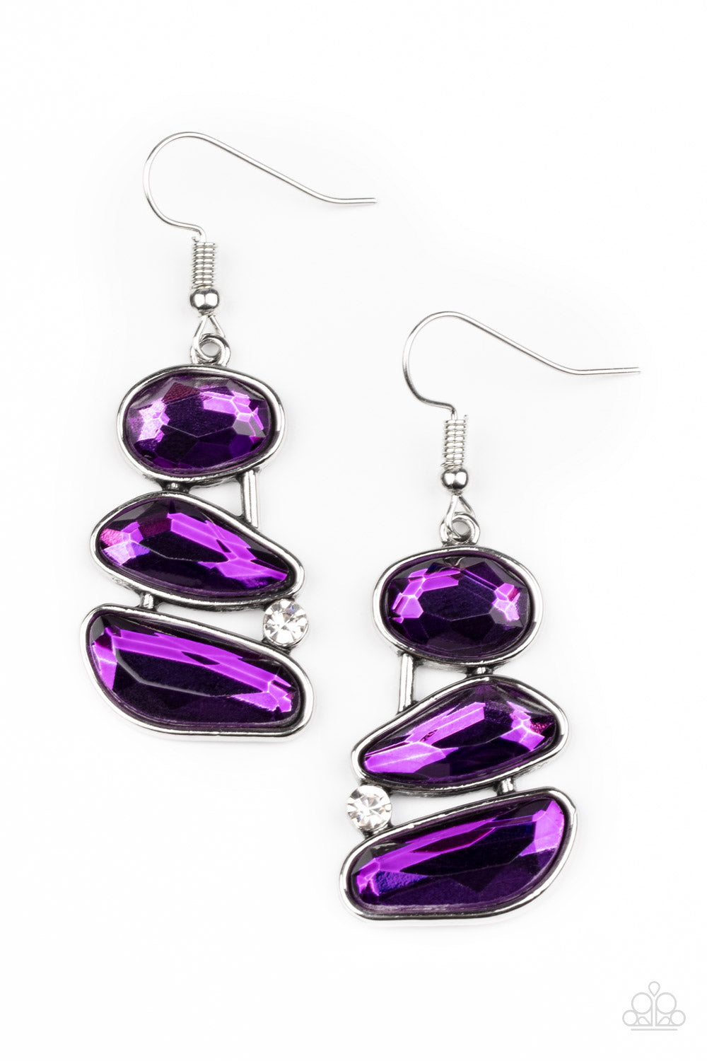 Paparazzi Accessories Gem Galaxy - Purple Infused with a solitaire white rhinestone, an asymmetrical series of purple gems delicately stack into an out-of-this-world centerpiece. Earring attaches to a standard fishhook fitting. Sold as one pair of earring