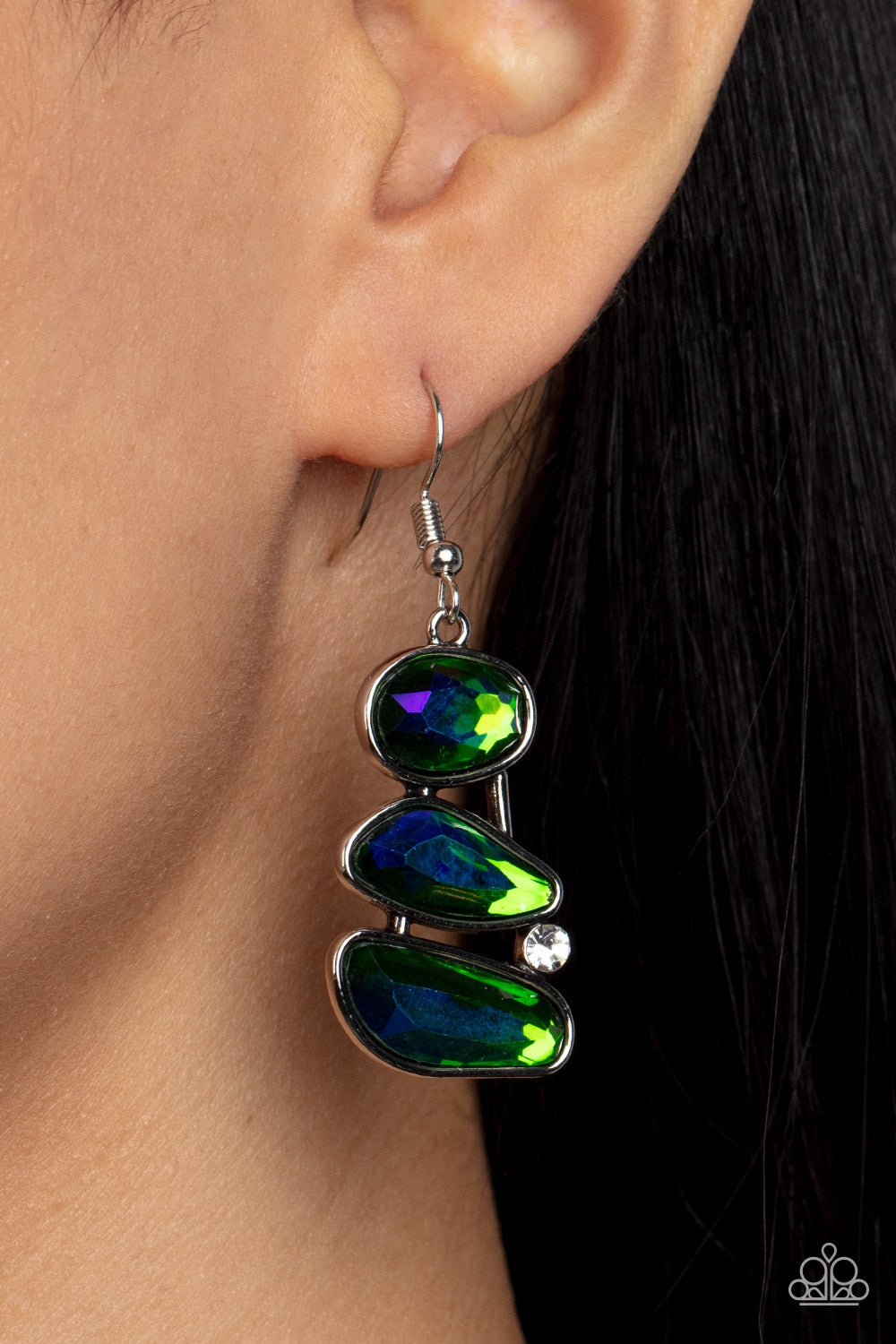 Paparazzi Accessories Gem Galaxy - Green Infused with a solitaire white rhinestone, an asymmetrical series of opalescent green gems delicately stack into an out-of-this-world centerpiece. Earring attaches to a standard fishhook fitting. Sold as one pair o