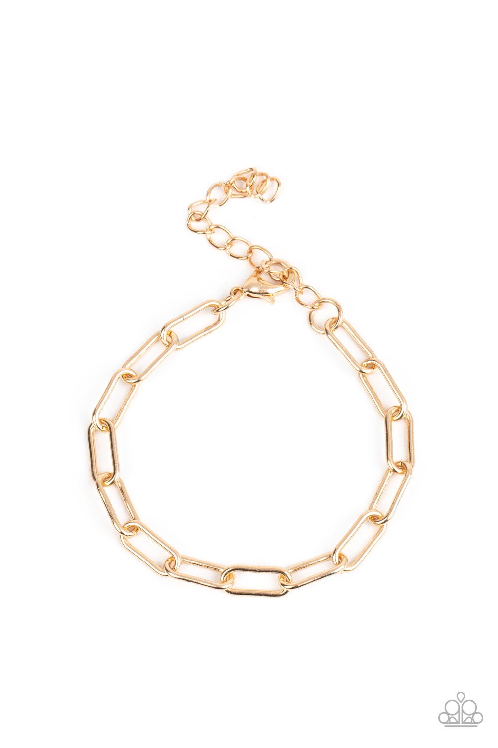 Paparazzi Accessories Tailgate Party - Gold An oversized collection of gold oblong links interlock around the wrist for a casual hint of shimmer. Features an adjustable clasp closure. Sold as one individual bracelet. Jewelry