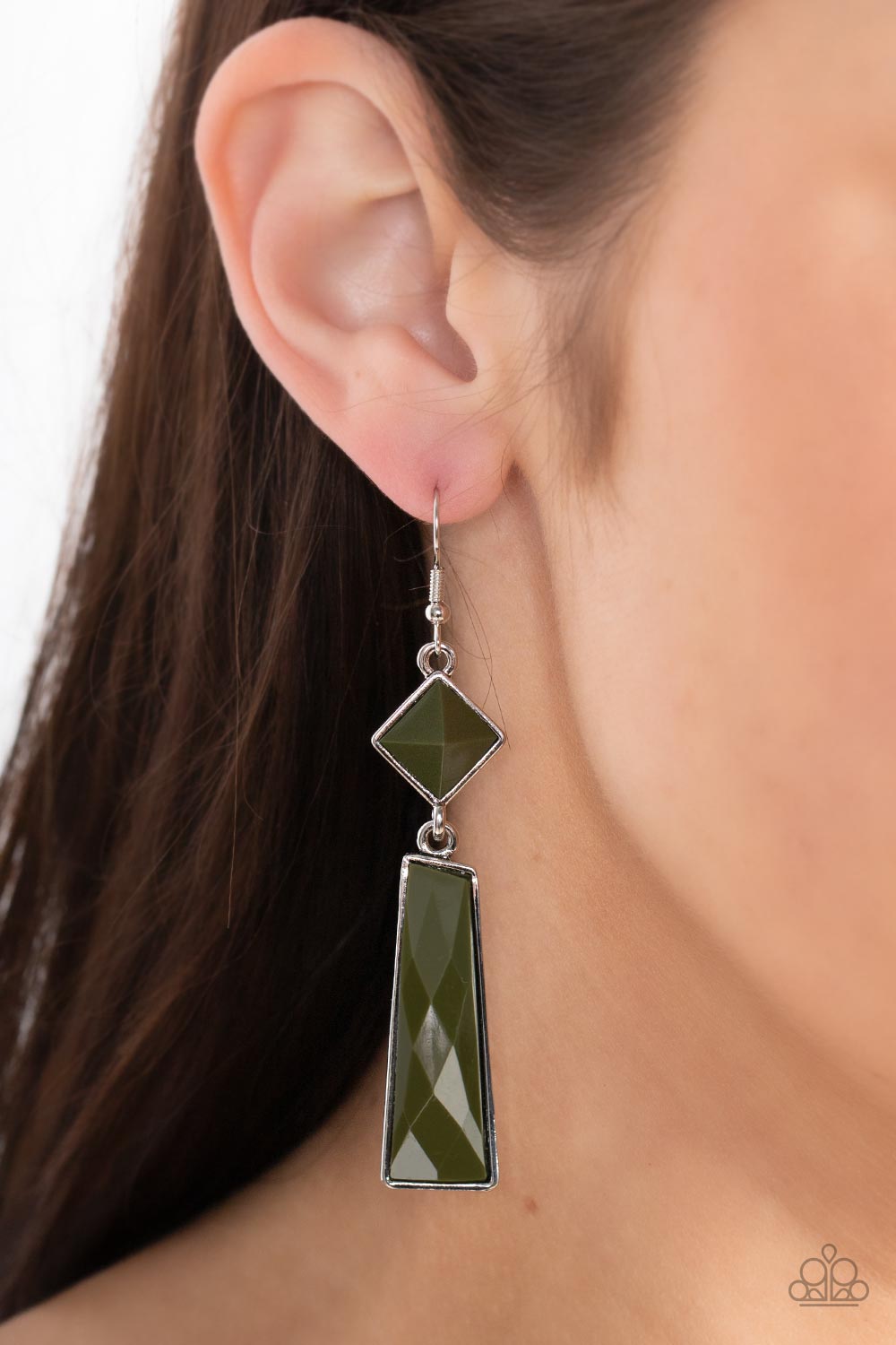 Paparazzi Accessories Hollywood Harmony - Green Encased in sleek silver fittings, a faceted trapezoidal Olive Branch bead swings from the bottom of a faceted square Olive Branch bead that is gently tilted for a trendy pop of color. Earring attaches to a s