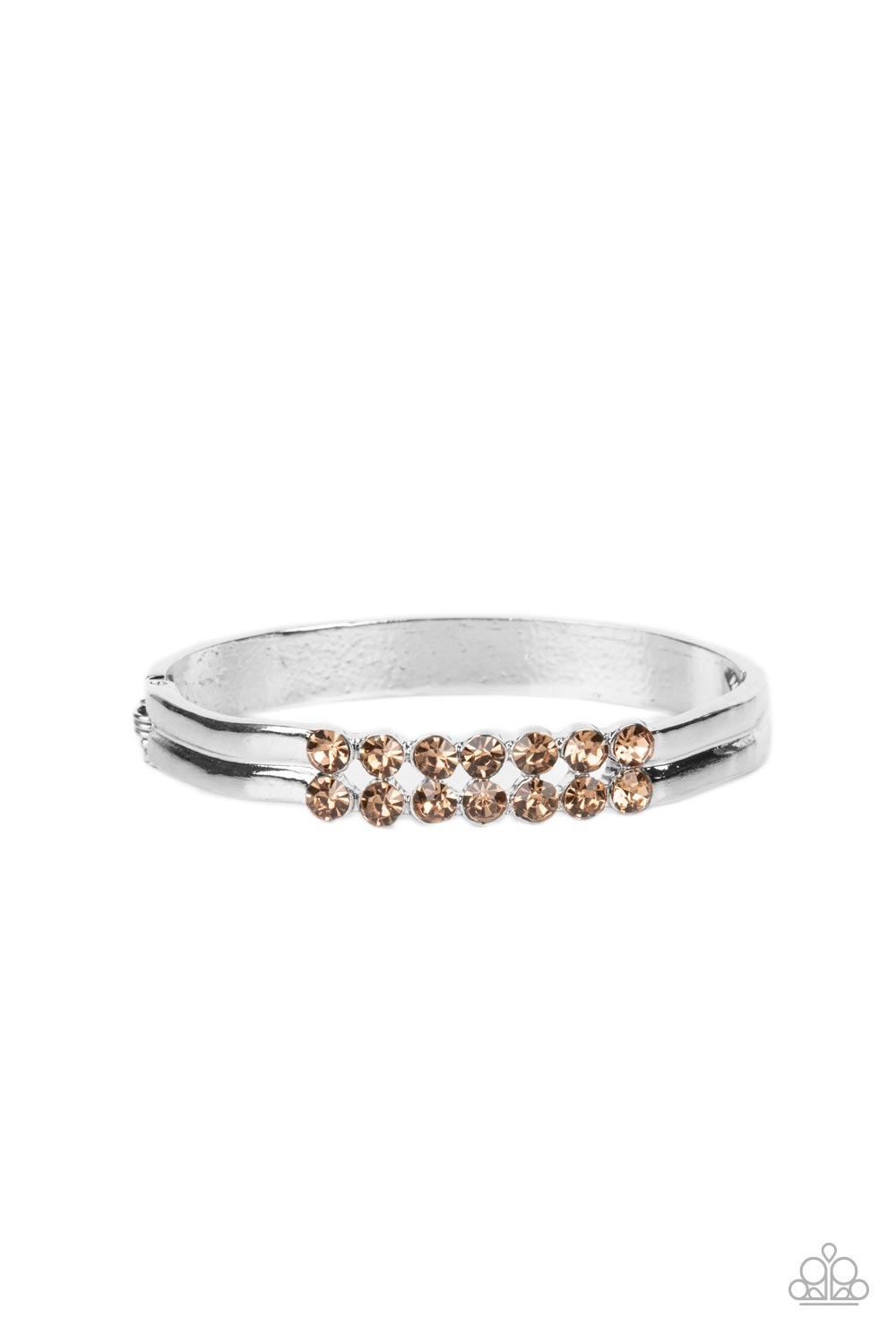 Paparazzi Accessories Doubled Down Dazzle - Brown Two dramatic rows of golden topaz rhinestones stack atop the wrist, creating an elegantly layered cuff-like bangle. Features a hinged closure. Sold as one individual bracelet. Get The Complete Look! Neckla