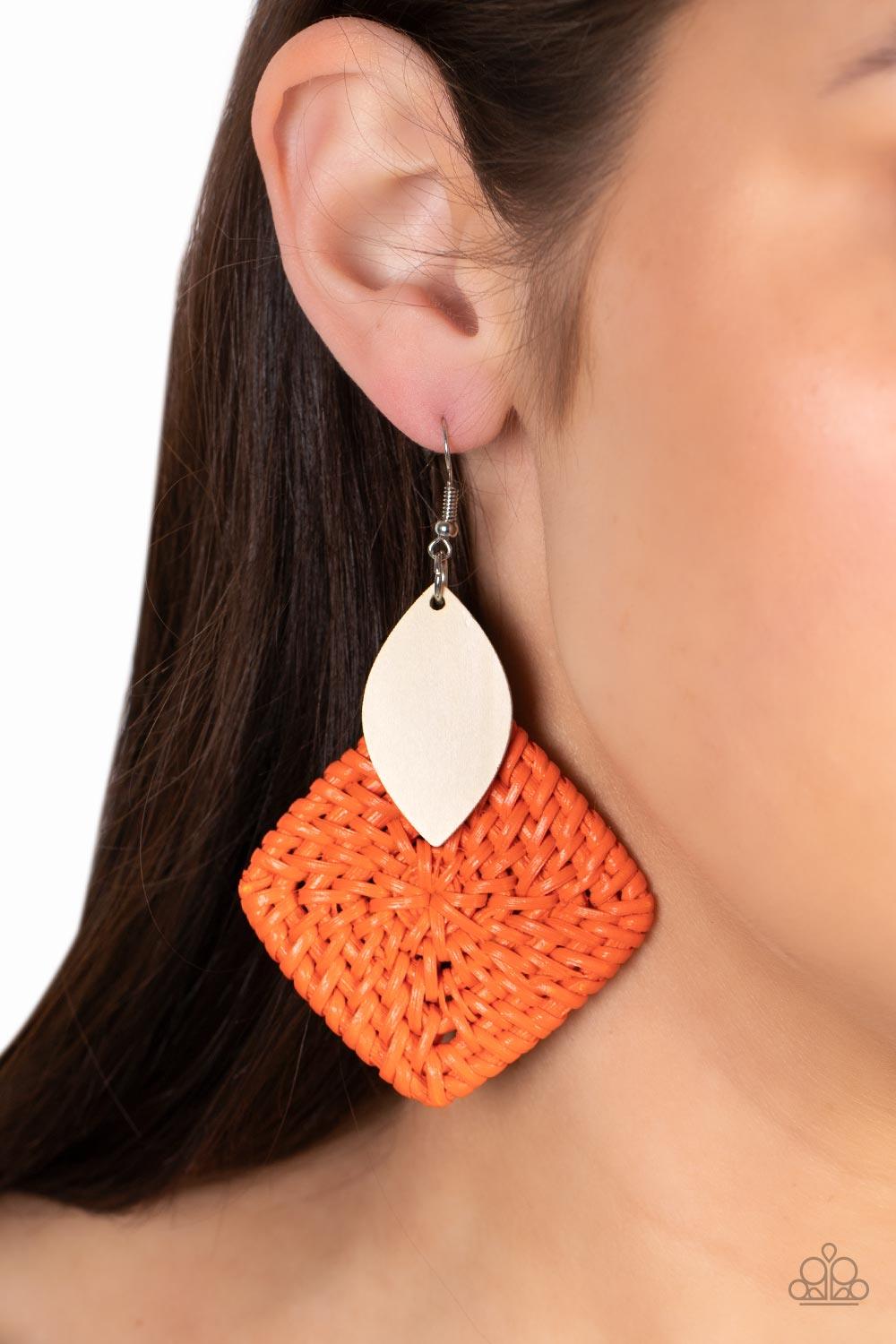 Paparazzi Accessories Sabbatical WEAVE - Orange A leaf shaped white wooden frame delicately overlaps with an intricately woven orange wicker-like frame, creating a vivacious pop of color. Earring attaches to a standard fishhook fitting. Sold as one pair o