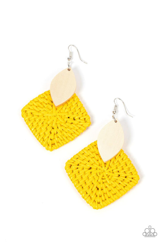Paparazzi Accessories Sabbatical WEAVE - Yellow A leaf shaped white wooden frame delicately overlaps with an intricately woven Illuminating wicker-like frame, creating a sunny pop of color. Earring attaches to a standard fishhook fitting. Sold as one pair
