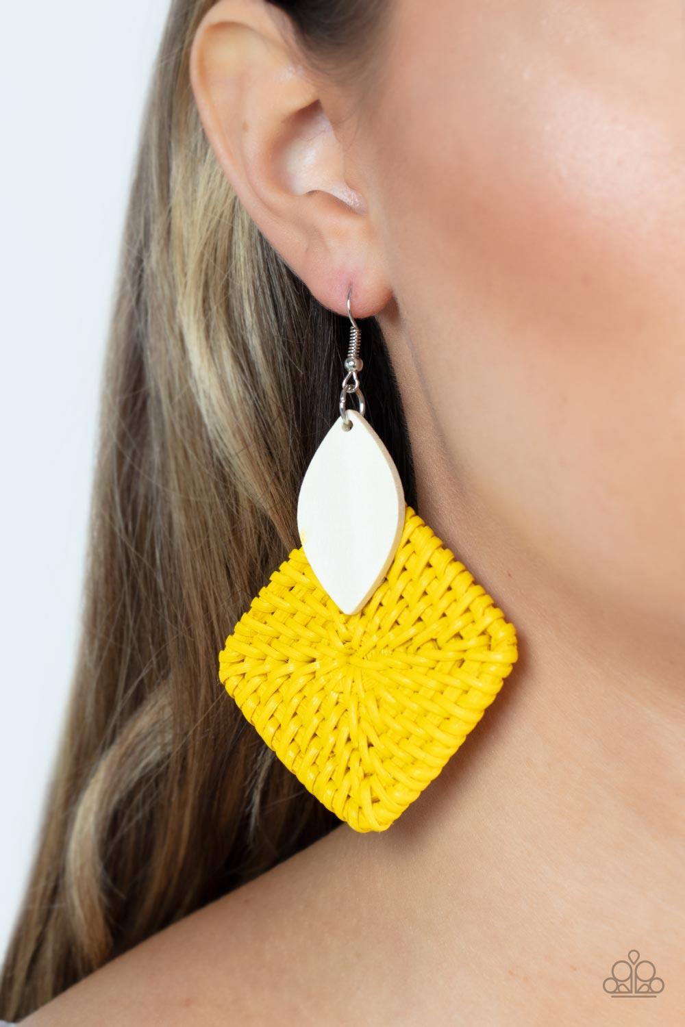 Paparazzi Accessories Sabbatical WEAVE - Yellow A leaf shaped white wooden frame delicately overlaps with an intricately woven Illuminating wicker-like frame, creating a sunny pop of color. Earring attaches to a standard fishhook fitting. Sold as one pair