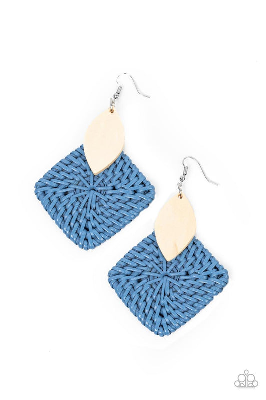 Paparazzi Accessories Sabbatical WEAVE - Blue A leaf shaped white wooden frame delicately overlaps with an intricately woven blue wicker-like frame, creating a refreshing pop of color. Earring attaches to a standard fishhook fitting. Sold as one pair of e