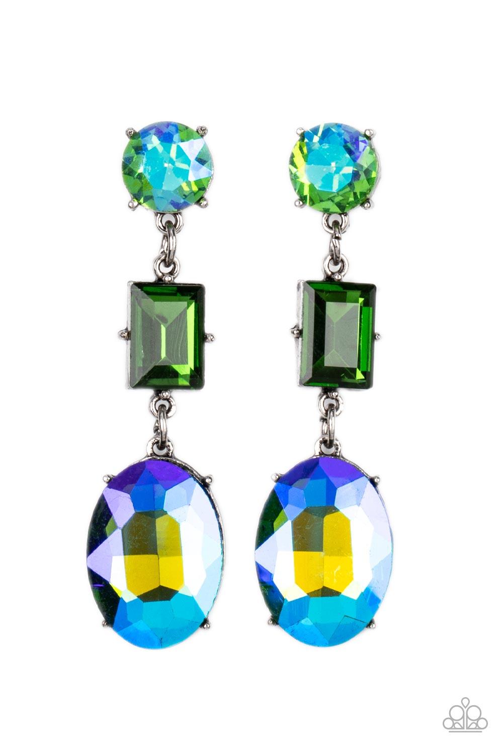 Paparazzi Accessories Extra Envious - Green Featuring flashy UV finishes, a classic round green, emerald cut green, and blue oval gem glamorously link into a jaw-dropping lure. Earring attaches to a standard post fitting. Sold as one pair of post earrings