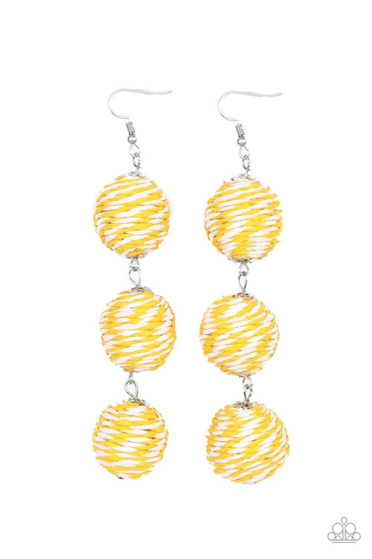 Paparazzi Accessories Laguna Lanterns - Yellow A woven collection of Illuminating and white crepe-like strings ornately wraps around three hanging beads, reminiscent of decorative party lanterns. Earring attaches to a standard fishhook fitting. Sold as on