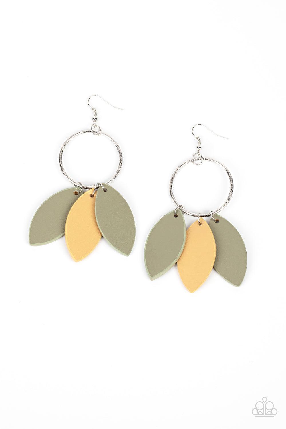 Paparazzi Accessories Leafy Laguna - Multi Leafy green and tan leather frames swing from the bottom of a textured silver hoop, creating an earthy fringe. Earring attaches to a standard fishhook fitting. Sold as one pair of earrings. Earrings