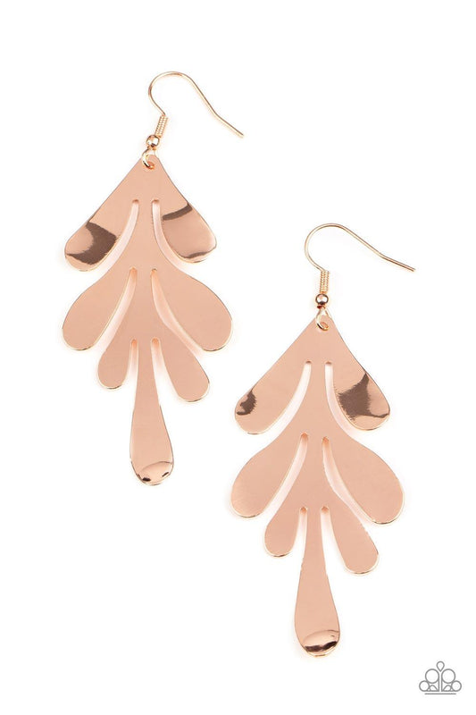 Paparazzi Accessories A FROND Farewell - Rose Gold Featuring a gently beveled finish, a flat rose gold leaf abstractly swings from the ear for a flashy seasonal finish. Earring attaches to a standard fishhook fitting. Sold as one pair of earrings. Earring