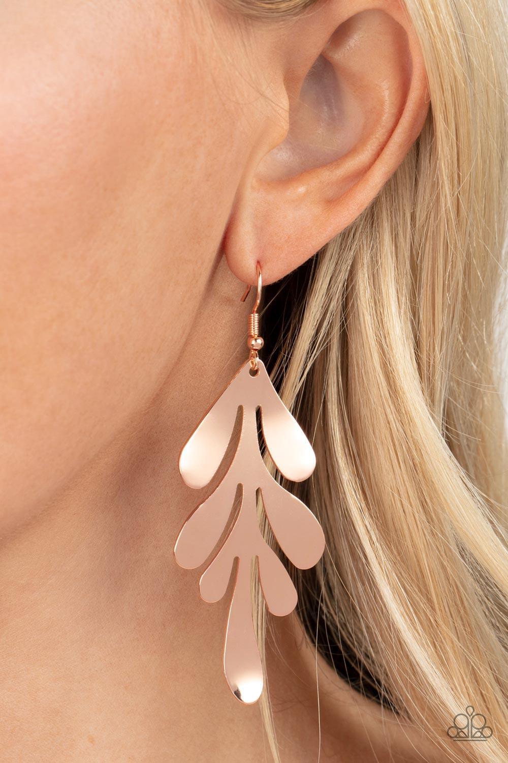 Paparazzi Accessories A FROND Farewell - Rose Gold Featuring a gently beveled finish, a flat rose gold leaf abstractly swings from the ear for a flashy seasonal finish. Earring attaches to a standard fishhook fitting. Sold as one pair of earrings. Earring