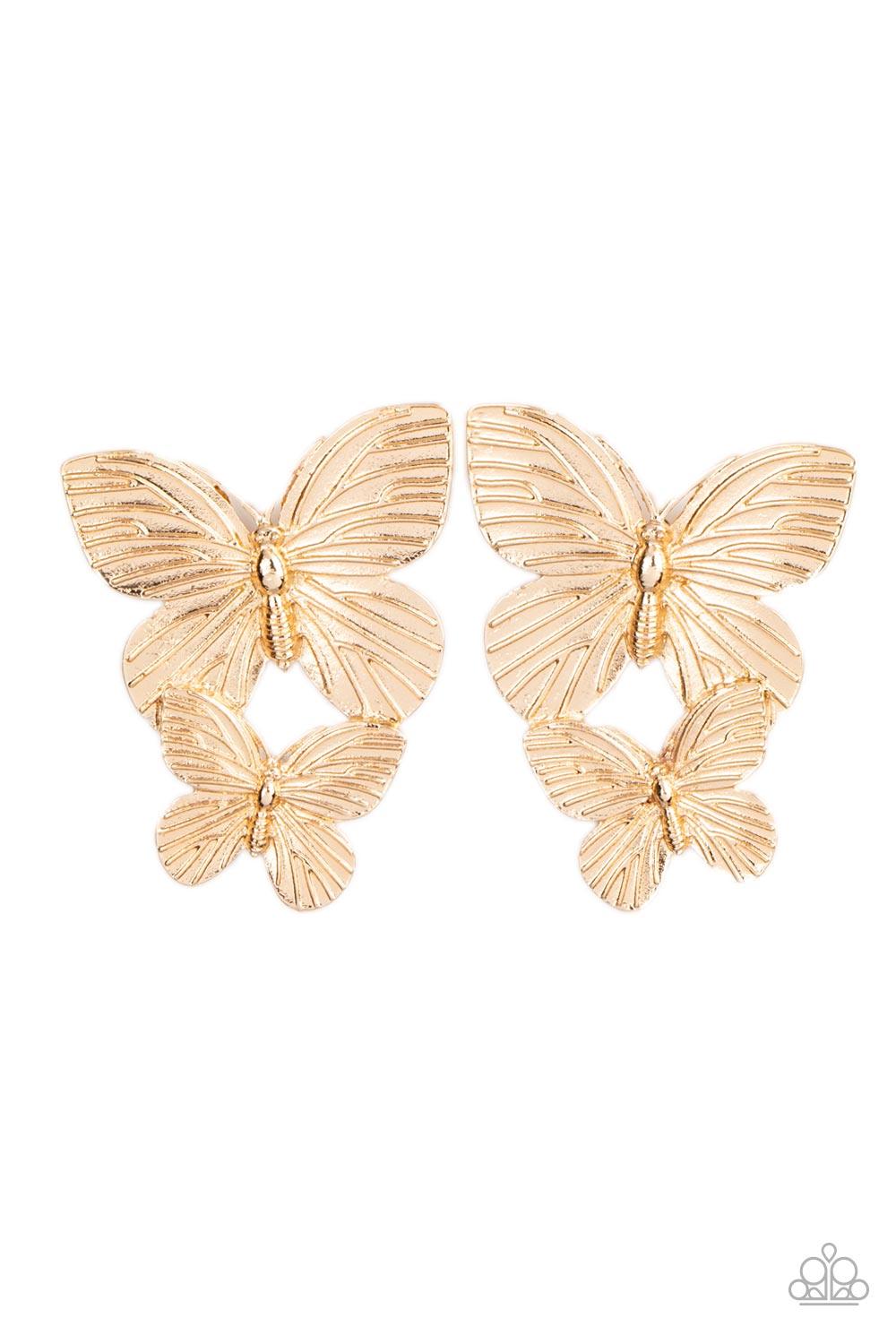 Paparazzi Accessories Blushing Butterflies - Gold Veined with lifelike textures, a pair of golden butterflies flutters from the ear for a whimsical fashion. Earring attaches to a standard post fitting. Sold as one pair of post earrings. Jewelry