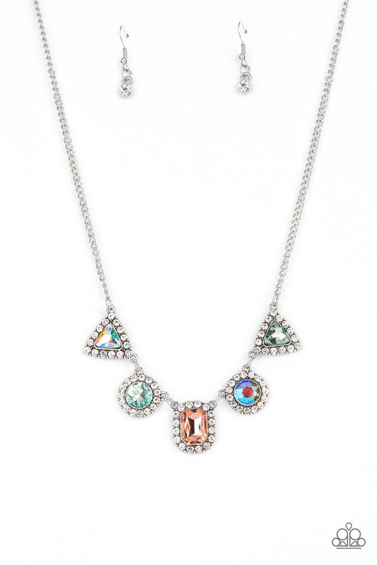 Paparazzi Accessories Posh Party Avenue - Multi Featuring triangular, round, and emerald style cuts, an iridescent collection of multicolored rhinestones are bordered in glassy white rhinestones as they delicately link below the collar for a sparkly state