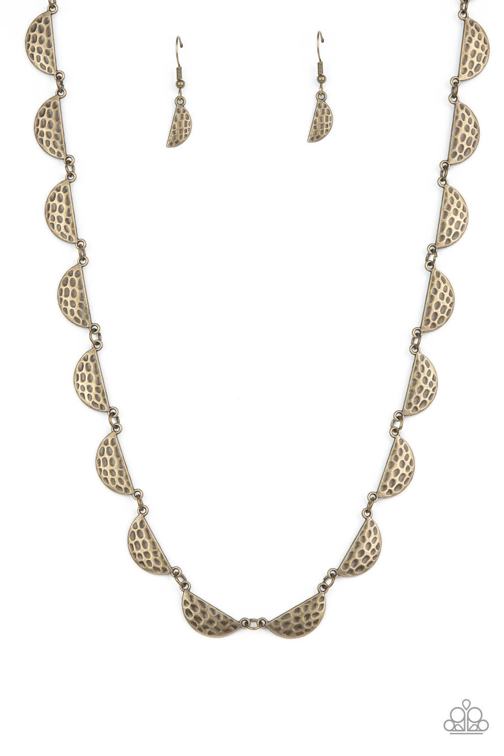 Paparazzi Accessories Lunar Jungle - Brass A celestial display of hammered half-moon brass discs link together for a cosmic charm below the collar. Features an adjustable clasp closure. Sold as one individual necklace. Includes one pair of matching earrin