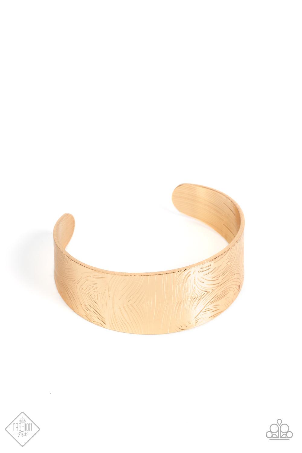 Paparazzi Accessories Coolly Curved - Gold A thick gold band is swirled with rippling textures as it wraps around the wrist into a bold cuff design. Sold as one individual bracelet. Jewelry