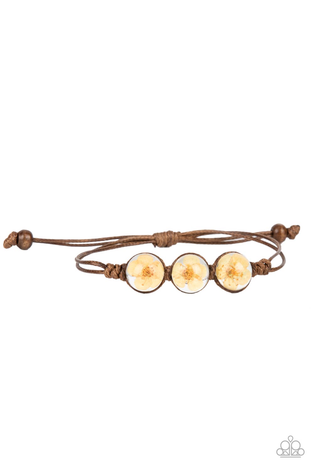 Paparazzi Accessories Prairie Persuasion - Orange Dainty orange blossoms are encased inside of glassy beads that are knotted in place with brown cording around the wrist, resulting in a naturally beautiful centerpiece. Features an adjustable sliding knot