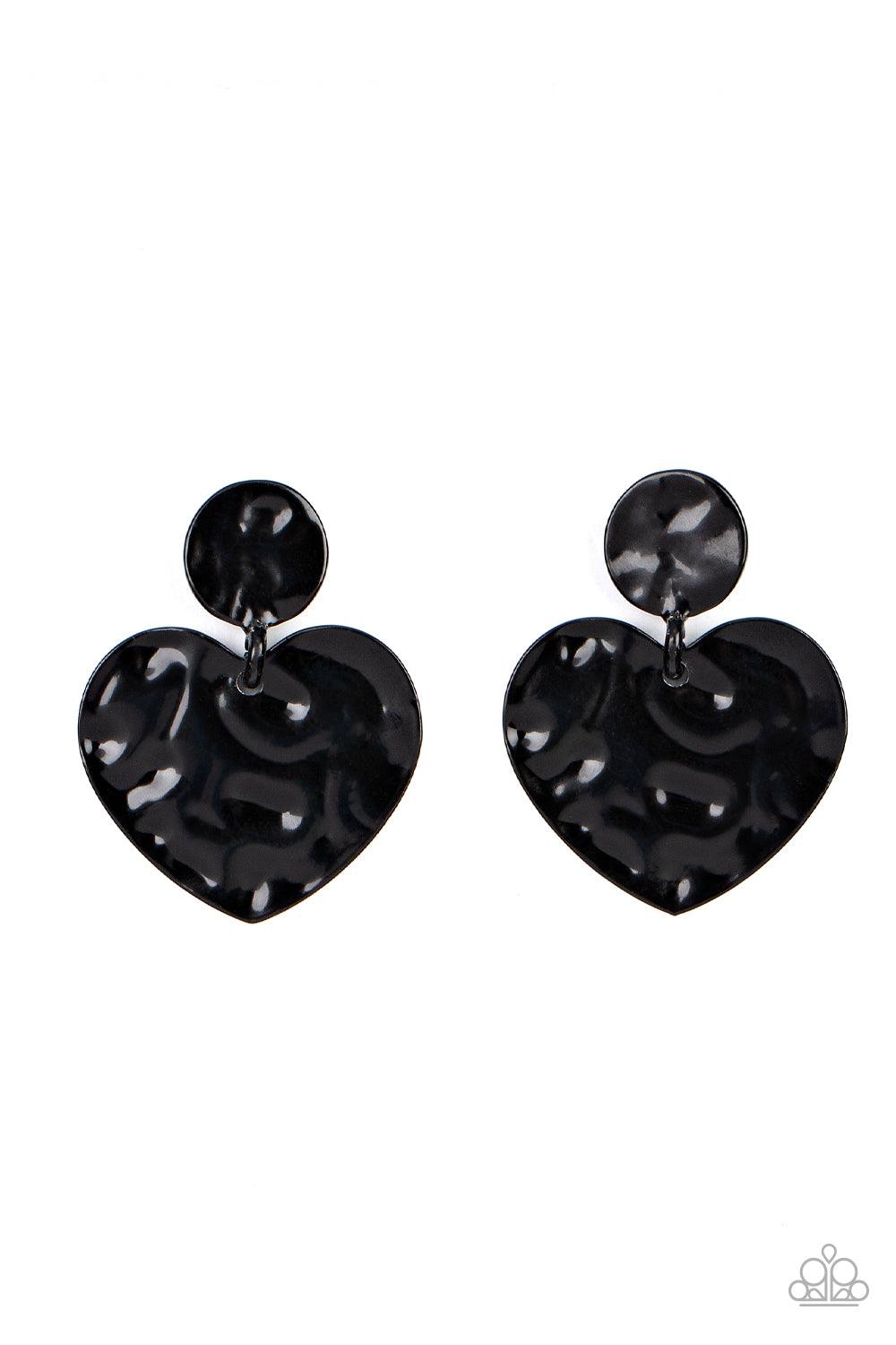 Paparazzi Accessories Just a Little Crush - Black Painted in a glossy black finish, a hammered disc gives way to a hammered heart frame for a flirtatious fashion. Earring attaches to a standard post fitting. Sold as one pair of post earrings. Jewelry
