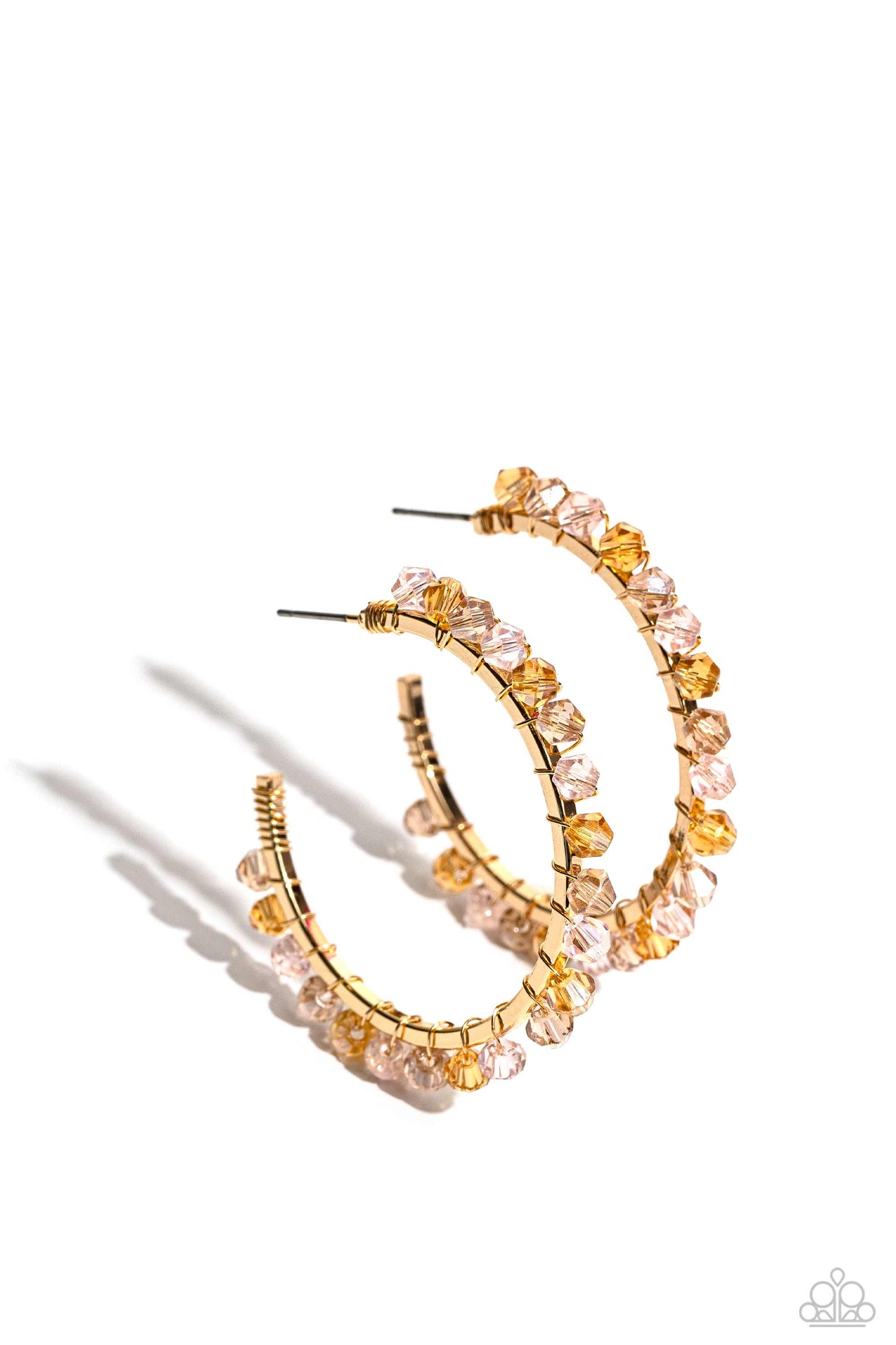 Paparazzi Accessories Halo Hustle - Pink Threaded along a dainty gold wire, an iridescent collection of pink, golden, and champagne colored crystal-like beads wrap around the front of a classic gold hoop for an unexpected pop of shimmer. Hoop measures app