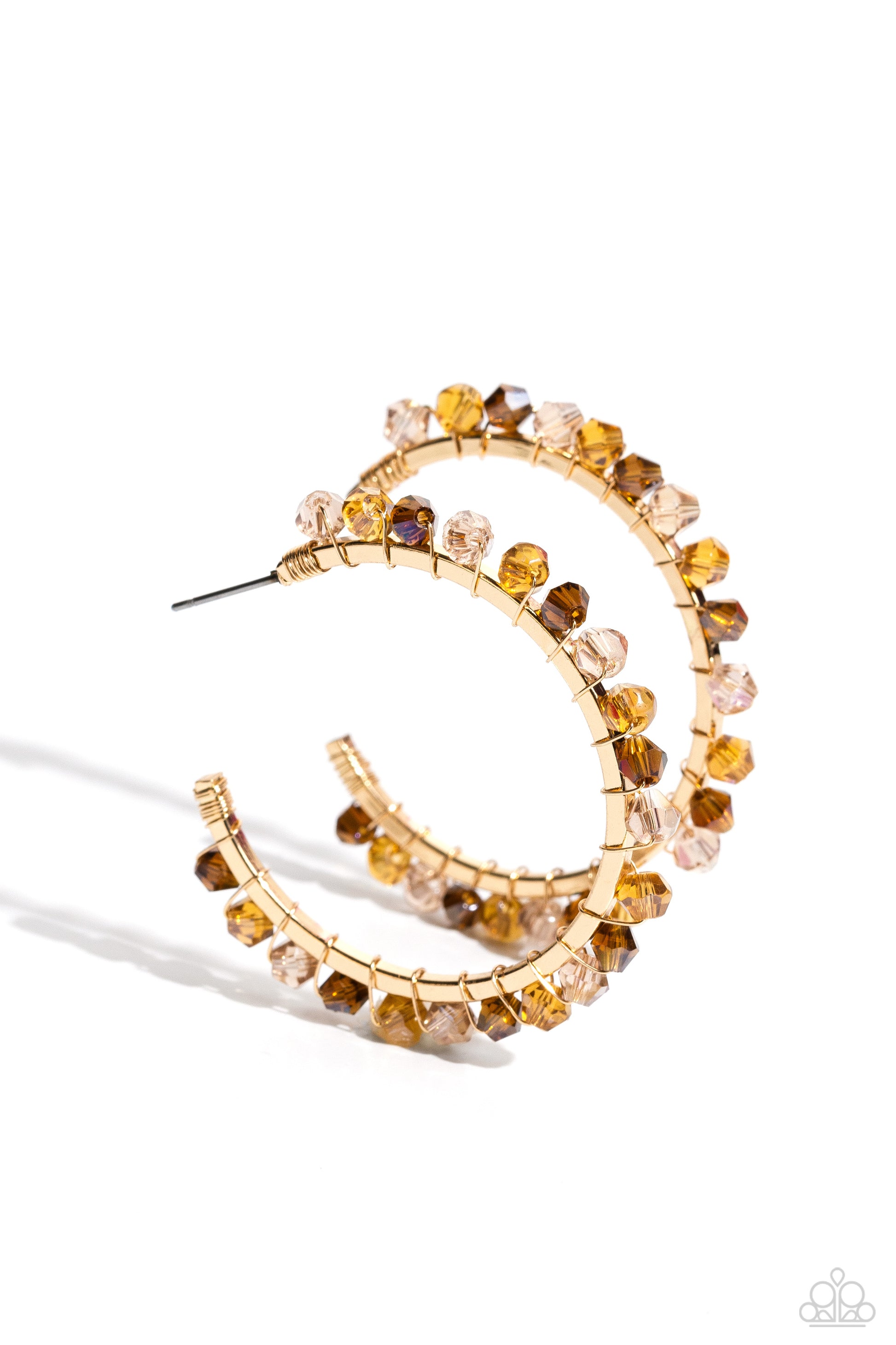 Paparazzi Accessories Halo Hustle - Brown Threaded along a dainty gold wire, an iridescent collection of brown, golden brown, and topaz colored crystal-like beads wrap around the front of a classic gold hoop for an unexpected pop of shimmer. Hoop measures