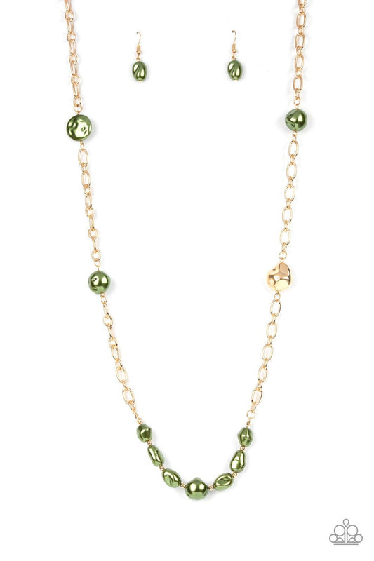 Paparazzi Accessories Pardon My FABULOUS - Green Infused with dainty gold beads, an elegant collection of imperfect green pearls and gold beads asymmetrically adorn a substantial gold chain across the chest for an effortless elegance. Features an adjustab