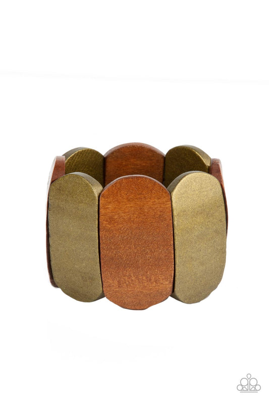Paparazzi Accessories Natural Nirvana - Brass Brushed in a brassy shimmer, smooth wooden panels alternate with natural wood panels threaded along stretchy bands for a naturally balanced display around the wrist. Sold as one individual bracelet. Jewelry