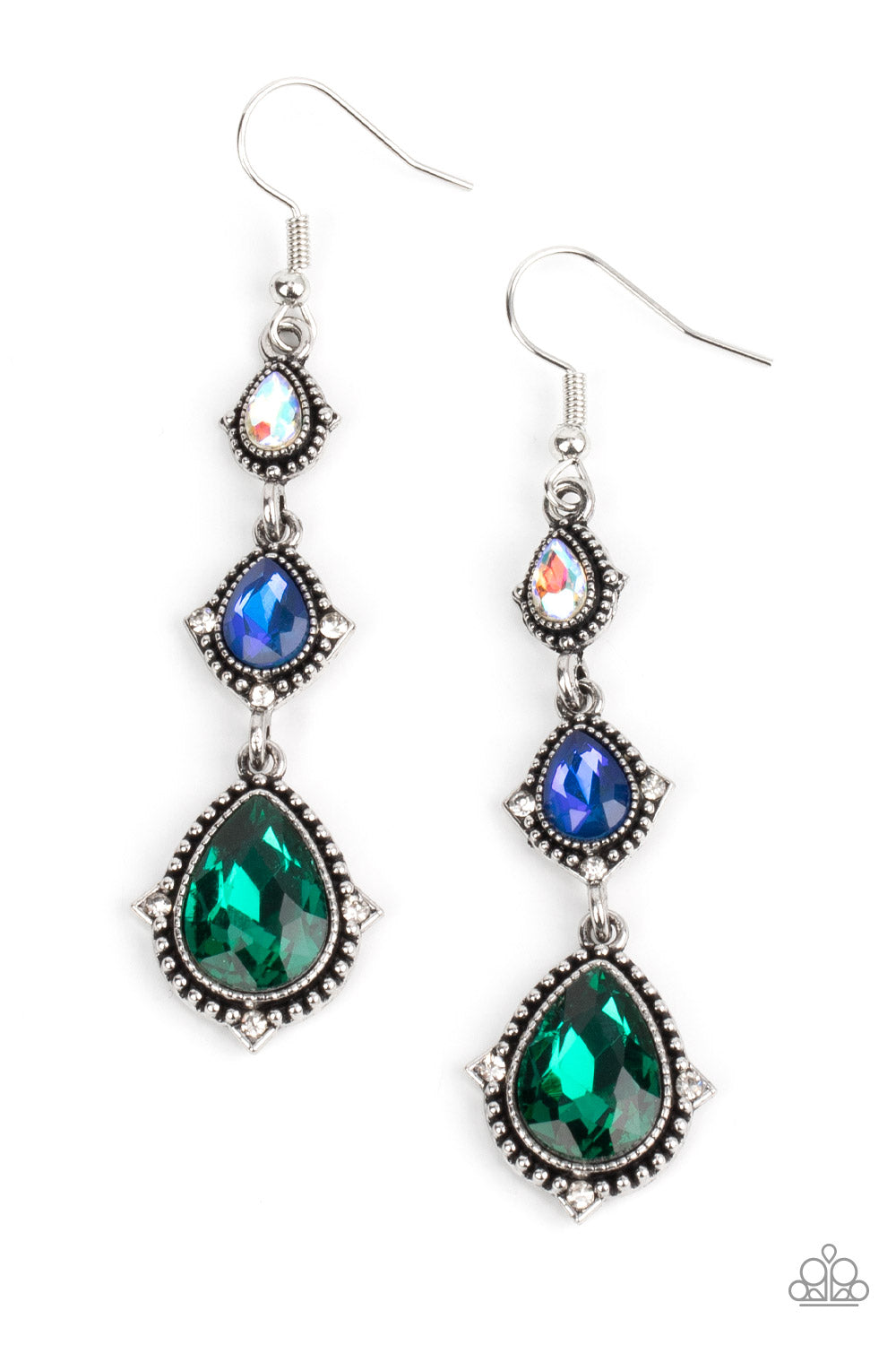 Paparazzi Accessories Prague Princess - Multi Featuring studded silver frames, a sparkly trio of iridescent, blue, and green teardrop gems delicately link into a romantic lure. Dainty white rhinestones embellish the edges of the lowermost teardrops, addin