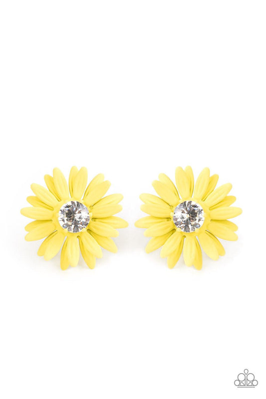 Paparazzi Accessories Sunshiny DAIS-y - Yellow Layers of yellow petals fan out from an oversized white rhinestone fitting, blooming into a sparkly floral centerpiece. Earring attaches to a standard post fitting. Sold as one pair of post earrings. Earrings