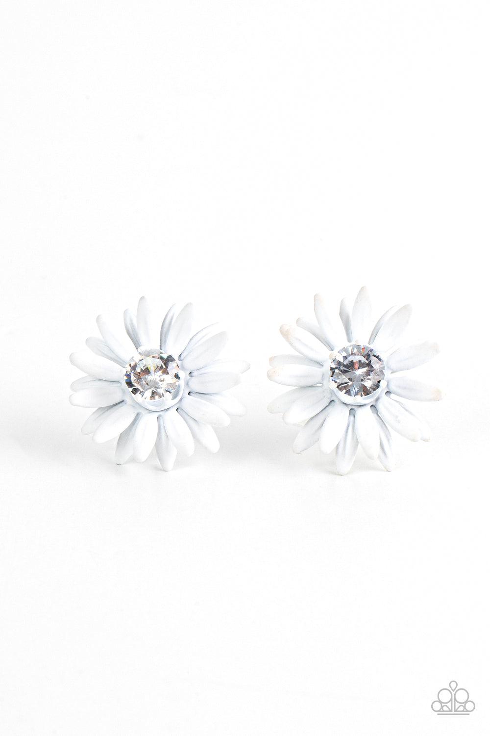 Paparazzi Accessories Sunshiny DAIS-y - White Layers of white petals fan out from an oversized white rhinestone fitting, blooming into a sparkly floral centerpiece. Earring attaches to a standard post fitting. Sold as one pair of post earrings. Earrings