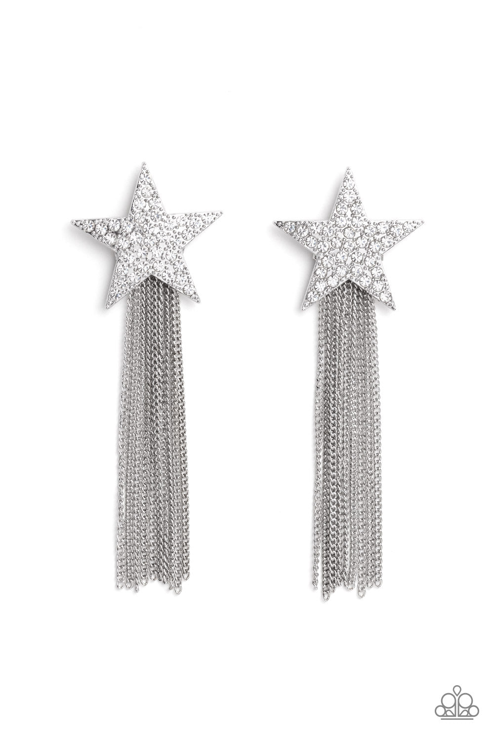 Paparazzi Accessories Superstar Solo - White A curtain of silver chains streams out from the bottom of an oversized silver star encrusted in blinding white rhinestones, resulting in a stellar tassel. Earring attaches to a standard post fitting. Sold as on