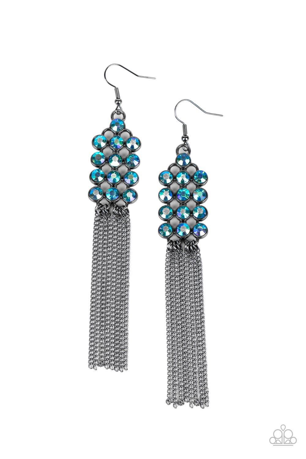 Paparazzi Accessories Tasteful Tassel - Multi Encased in sleek hematite fittings, rows of glittery multi-colored oil spill rhinestones stack into a sparkly frame. Dainty gunmetal chains stream from the bottom of the dazzling frame, adding flirtatious move