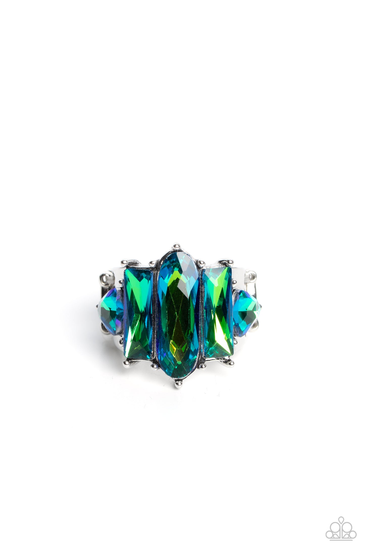 Paparazzi Accessories Iridescently Interstellar - Green Featuring a stellar UV finish, an iridescent collection of triangular, emerald, and oval cut green rhinestones are encrusted across the center of a thick silver band for an out-of-this-world fashion.