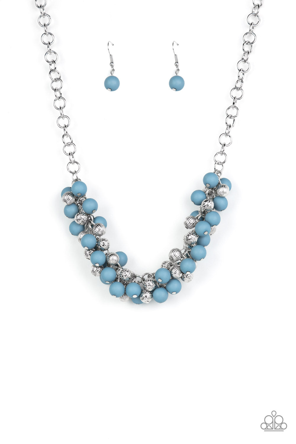 Paparazzi Accessories Party Procession - Blue Featuring a matte finish, bubbly Spring Lake beads join hammered and linear textured silver beads along a substantial silver chain, creating a boisterous cluster below the collar. Features an adjustable clasp
