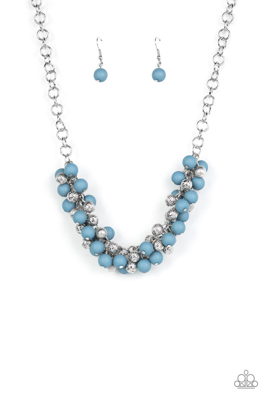 Paparazzi Accessories Party Procession - Blue Featuring a matte finish, bubbly Spring Lake beads join hammered and linear textured silver beads along a substantial silver chain, creating a boisterous cluster below the collar. Features an adjustable clasp