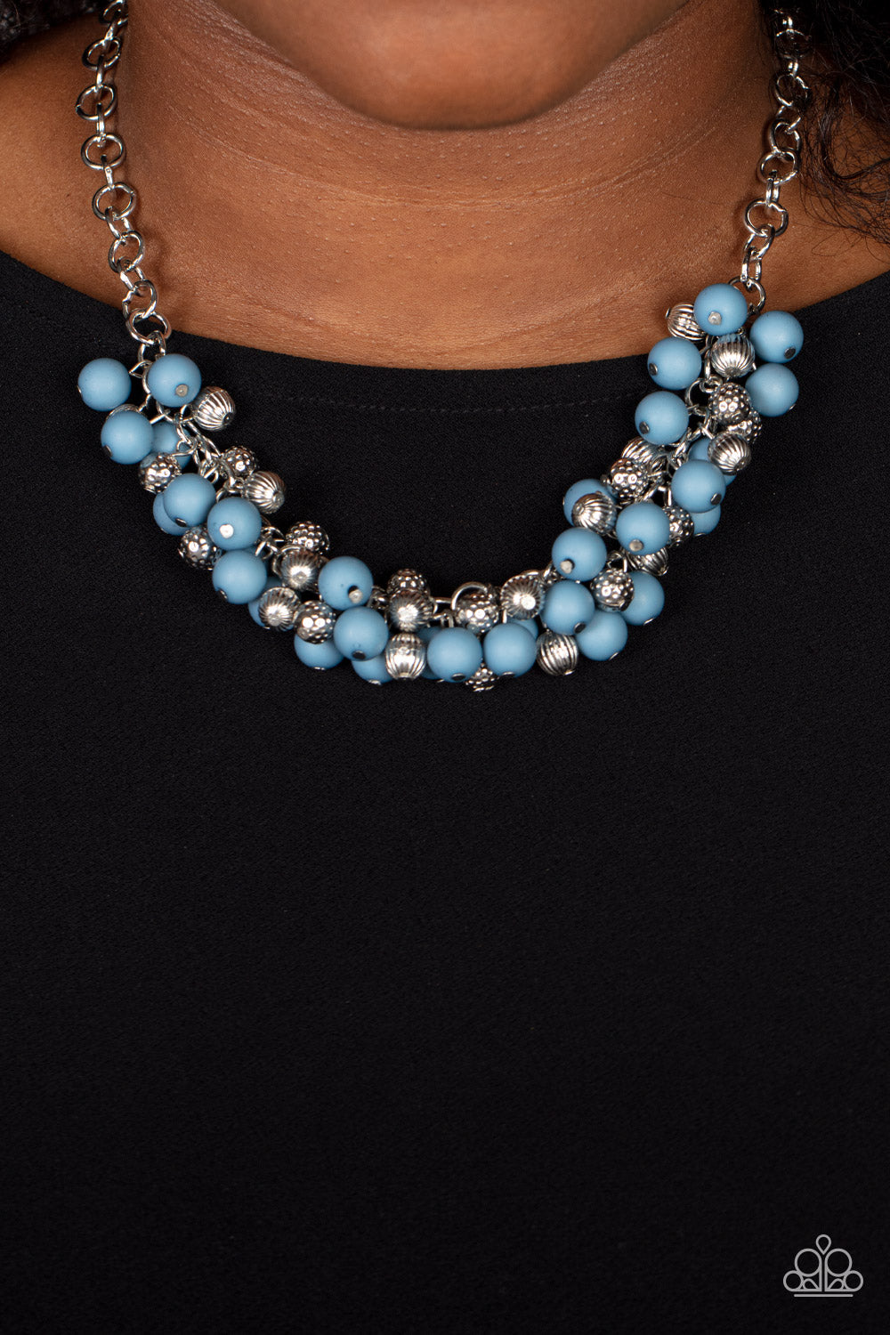 Paparazzi Accessories Party Procession - Blue Featuring a matte finish, bubbly Spring Lake beads join hammered and linear textured silver beads along a substantial silver chain, creating a boisterous cluster below the collar. Features an adjustable clasp