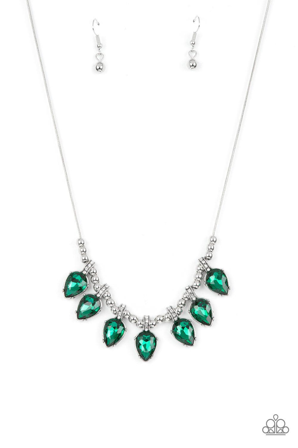 Paparazzi Accessories Crown Jewel Couture - Green Featuring glittery white rhinestone fittings, an oversized collection of glittery green teardrop gems are separated by trios of shiny silver beads along a round silver snake chain below the collar for a gl