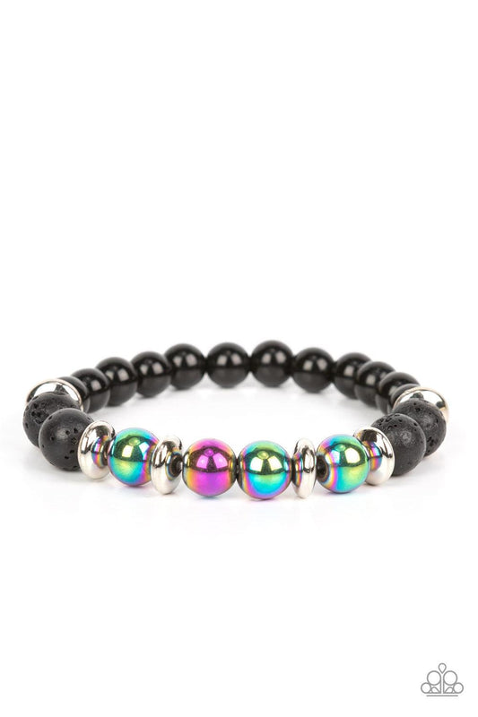 Paparazzi Accessories Mega Metamorphic - Multi Infused with a section of polished black beads, a stellar assortment of oil spill beads, silver accents, and black lava rock beads are threaded along stretchy bands around the wrist for an urban flair. Sold a