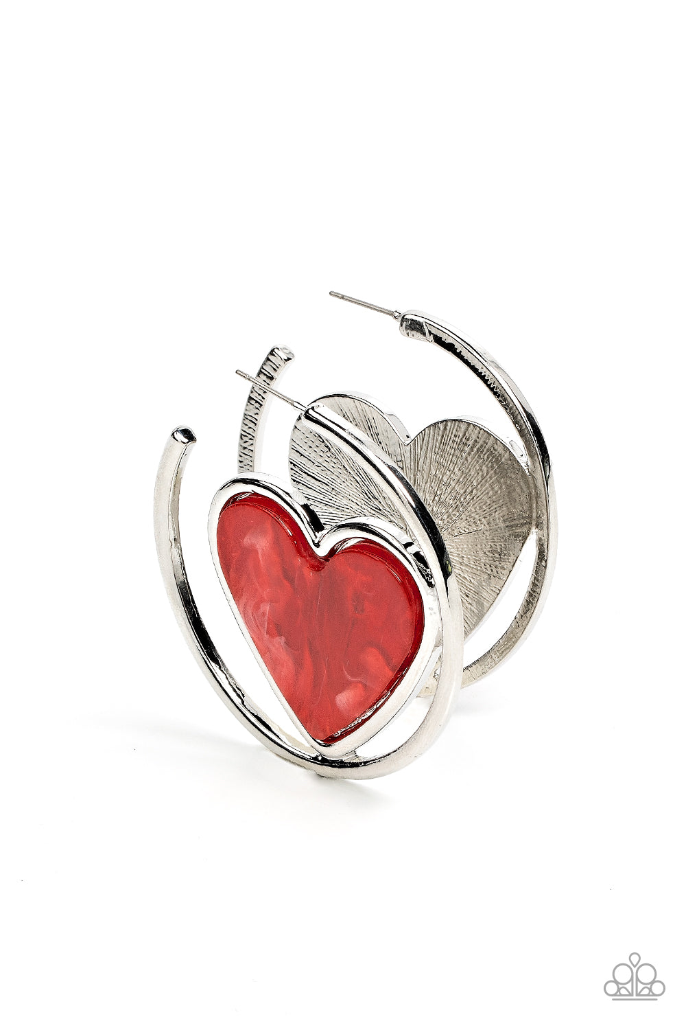 Paparazzi Accessories Smitten with You - Red Featuring a faux marble finish, a fiery red heart nestles inside of an asymmetrical silver hoop for a flirtatious pop of color. Earring attaches to a standard post fitting. Hoop measures approximately 2" in dia