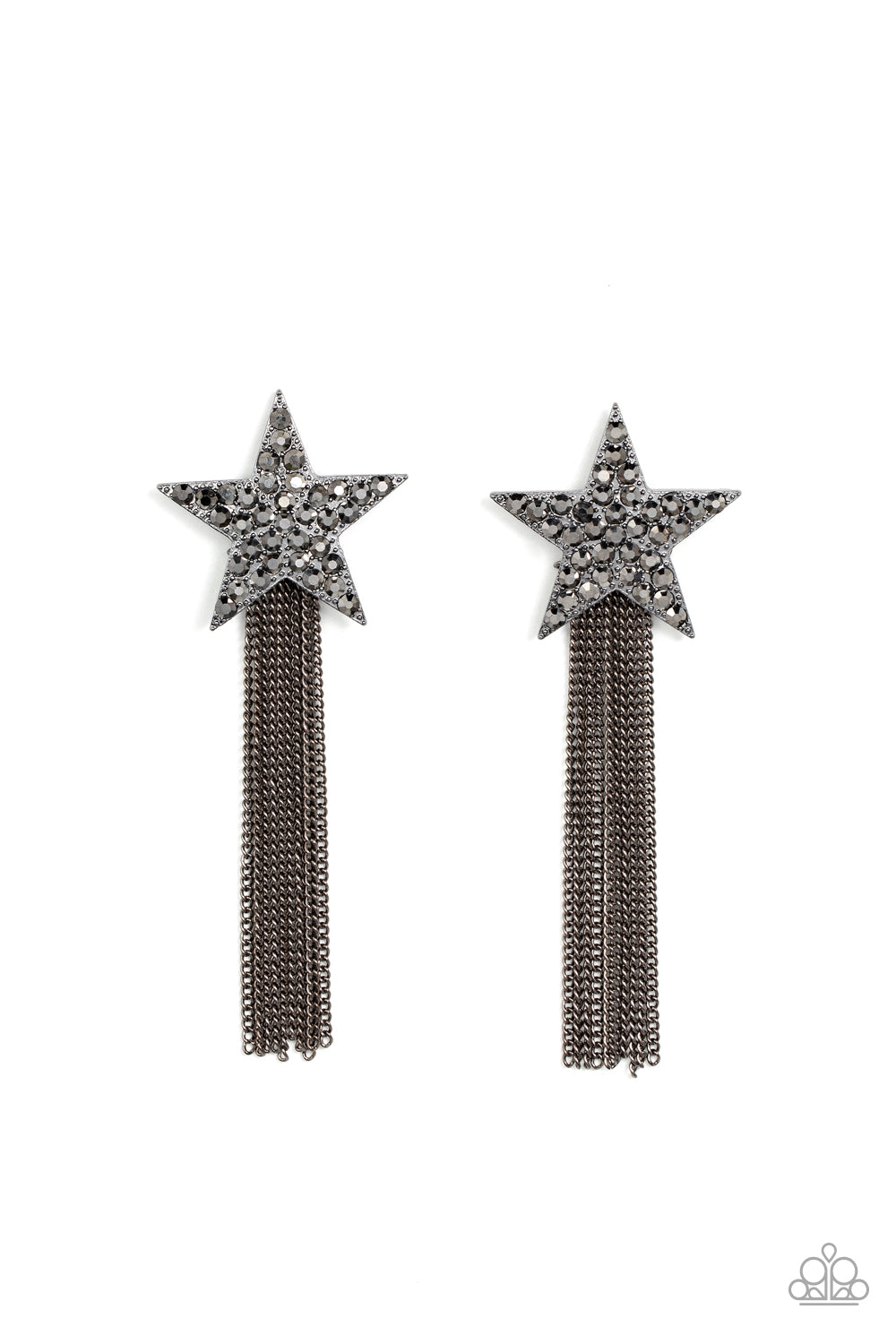 Paparazzi Accessories Superstar Solo - Black A curtain of gunmetal chains streams out from the bottom of an oversized gunmetal star encrusted in smoky hematite rhinestones, resulting in a stellar tassel. Earring attaches to a standard post fitting. Sold a