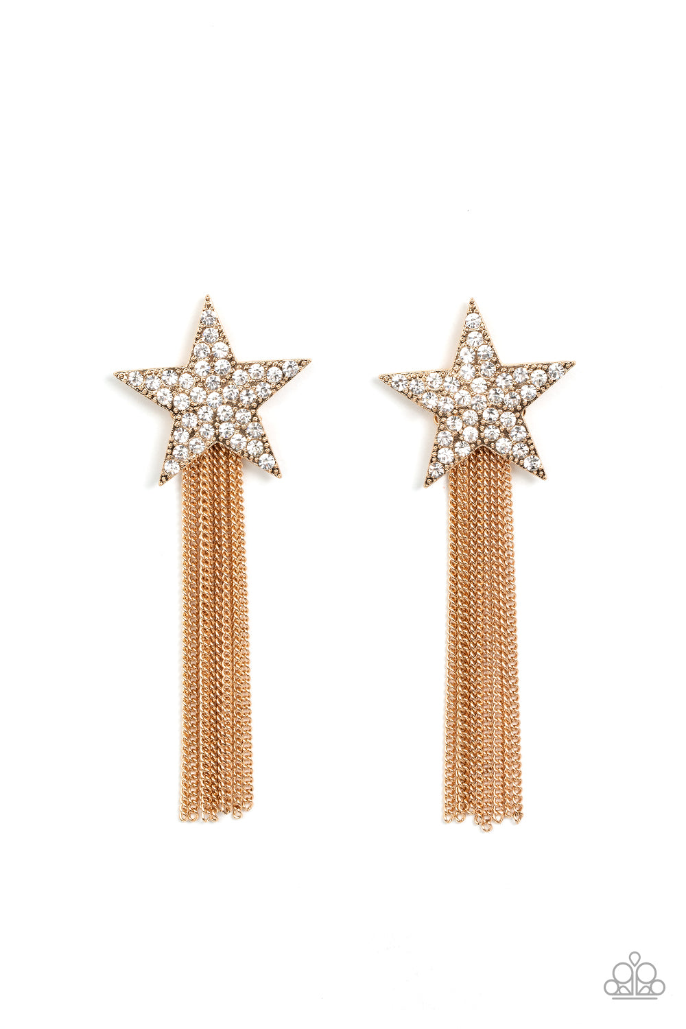 Paparazzi Accessories Superstar Solo - Gold A curtain of gold chains streams out from the bottom of an oversized gold star encrusted in blinding white rhinestones, resulting in a stellar tassel. Earring attaches to a standard post fitting. Sold as one pai
