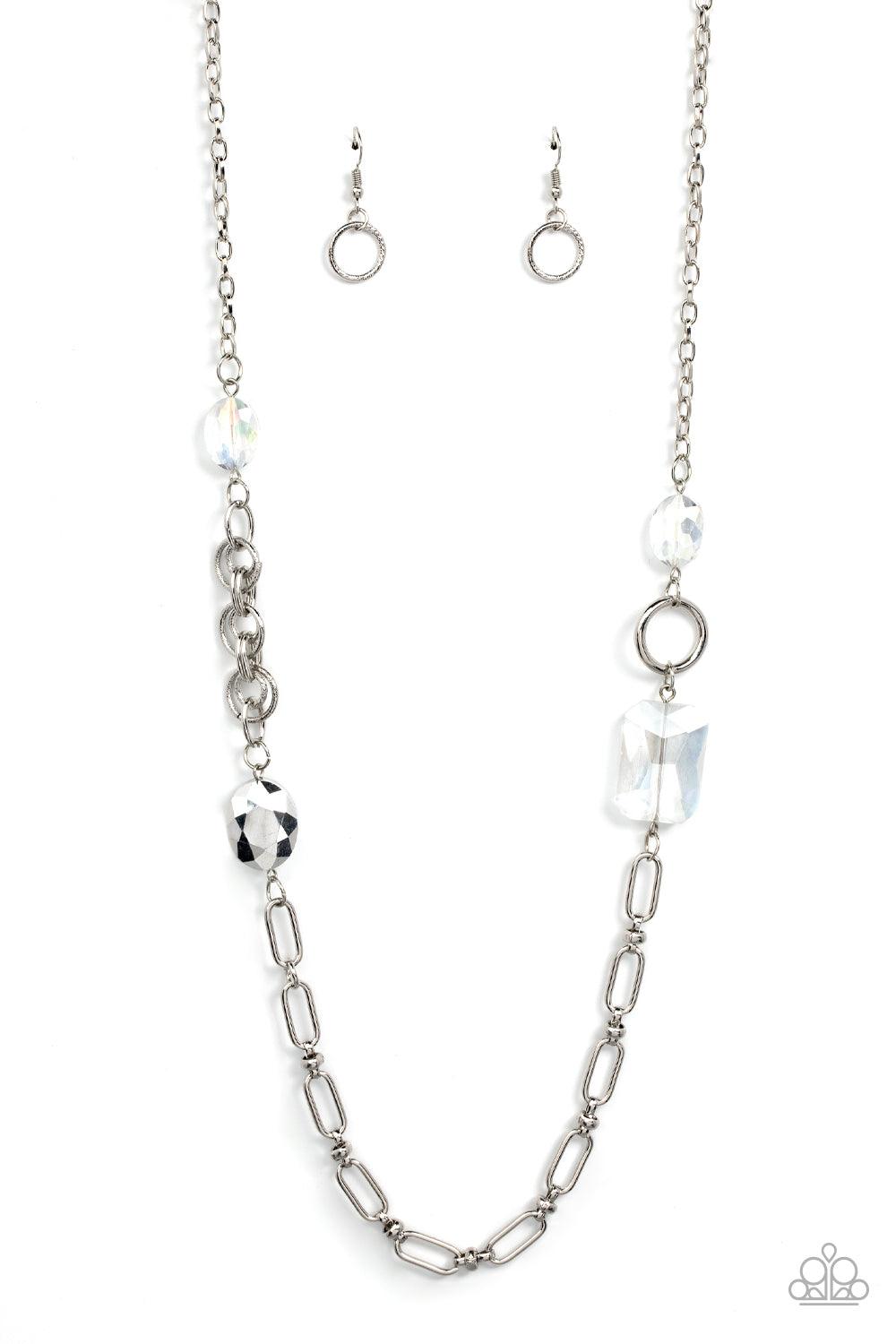 Paparazzi Accessories Famous and Fabulous - Multi A mismatched assortment of oval, round, textured, and silver hoops haphazardly link into a chaotic chain below the collar. Featuring oval and emerald style cuts, oversized white and iridescent gems sporadi