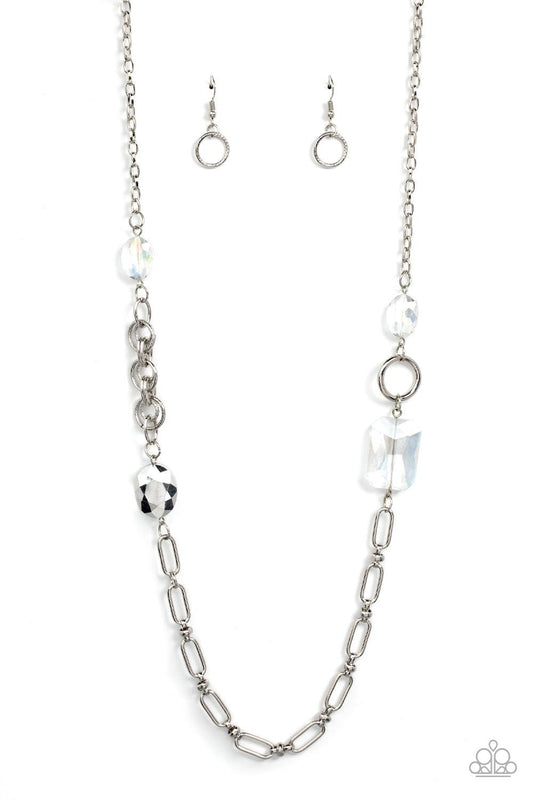 Paparazzi Accessories Famous and Fabulous - Multi A mismatched assortment of oval, round, textured, and silver hoops haphazardly link into a chaotic chain below the collar. Featuring oval and emerald style cuts, oversized white and iridescent gems sporadi