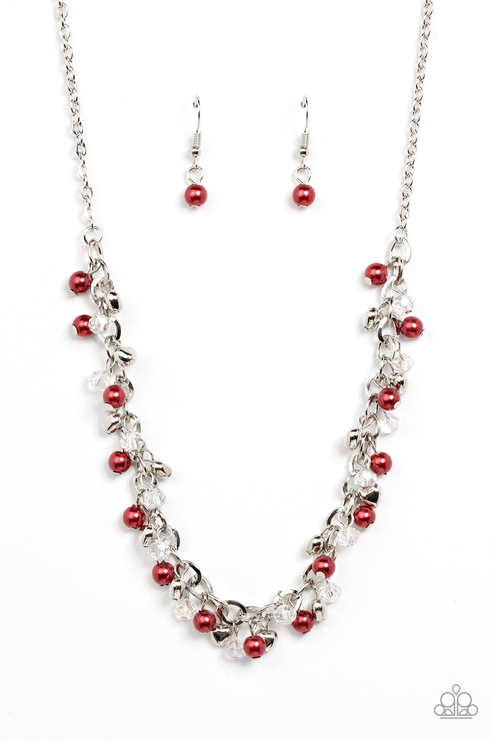 Paparazzi Accessories Soft-Hearted Shimmer - Red A dainty collection of red pearls, white crystal-like accents, and silver heart beads delicately clusters along a dainty silver chain, creating a flirtatious fringe below the collar. Features an adjustable