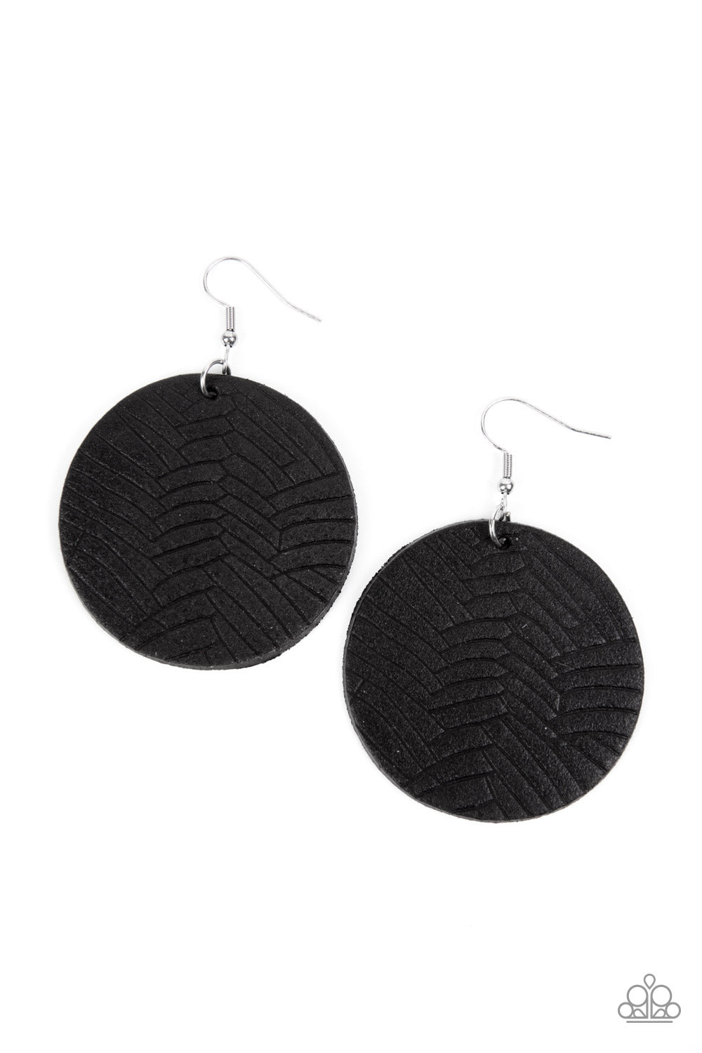 Paparazzi Accessories Leathery Loungewear - Black Etched in layers of geometric detail, a black leather disc swings from the ear for an authentically earthy look. Earring attaches to a standard fishhook fitting. Sold as one pair of earrings. Jewelry