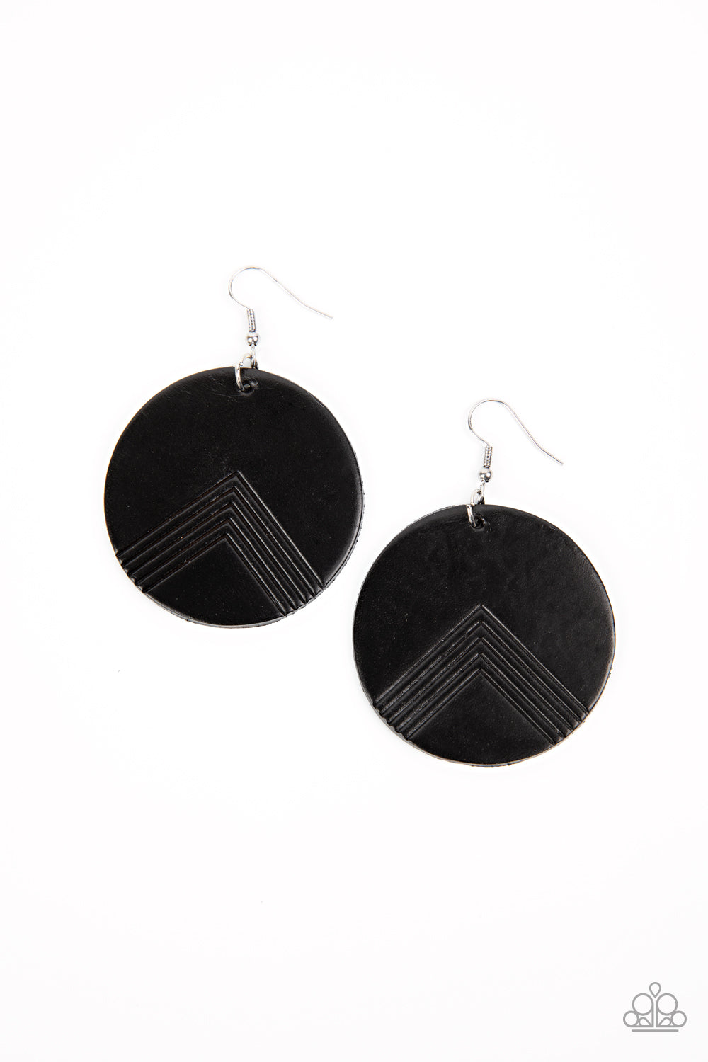 Paparazzi Accessories On the Edge of Edgy - Black A black leather disc is etched in an angular geometric accent, creating a modern look. Earring attaches to a standard fishhook fitting. Sold as one pair of earrings. Jewelry