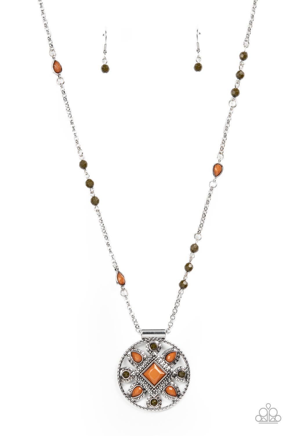Paparazzi Accessories Sierra Showroom - Brown A square brown bead is pressed into the silver studded center of a textured silver hoop radiating with round Olive Branch and teardrop brown beads. The decorative medallion swings from the bottom of a beaded s