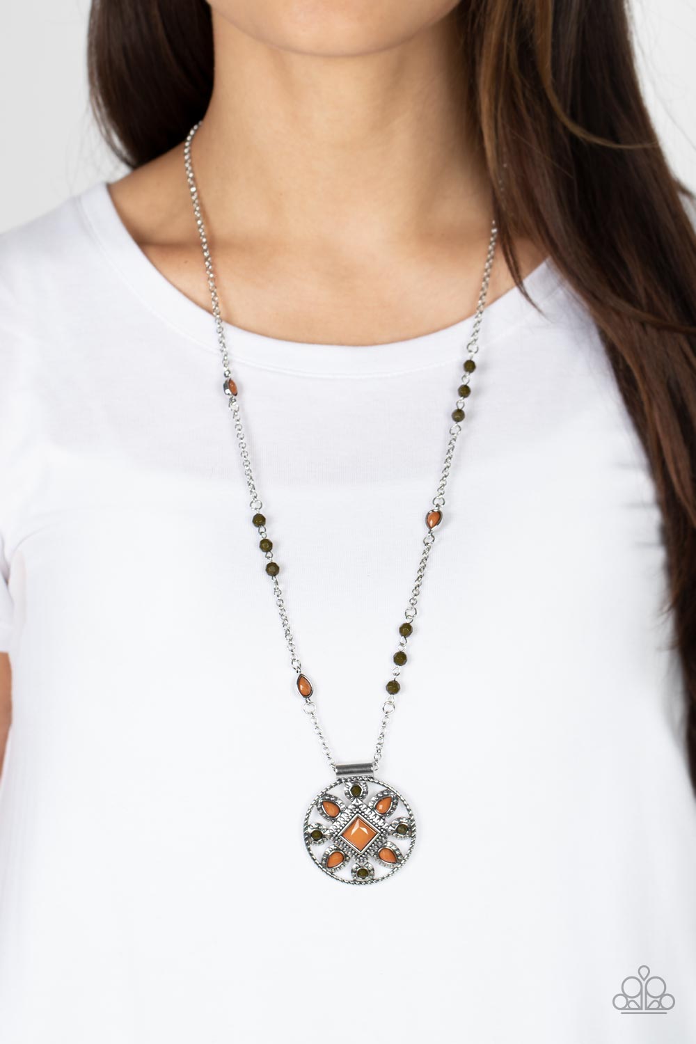Paparazzi Accessories Sierra Showroom - Brown A square brown bead is pressed into the silver studded center of a textured silver hoop radiating with round Olive Branch and teardrop brown beads. The decorative medallion swings from the bottom of a beaded s